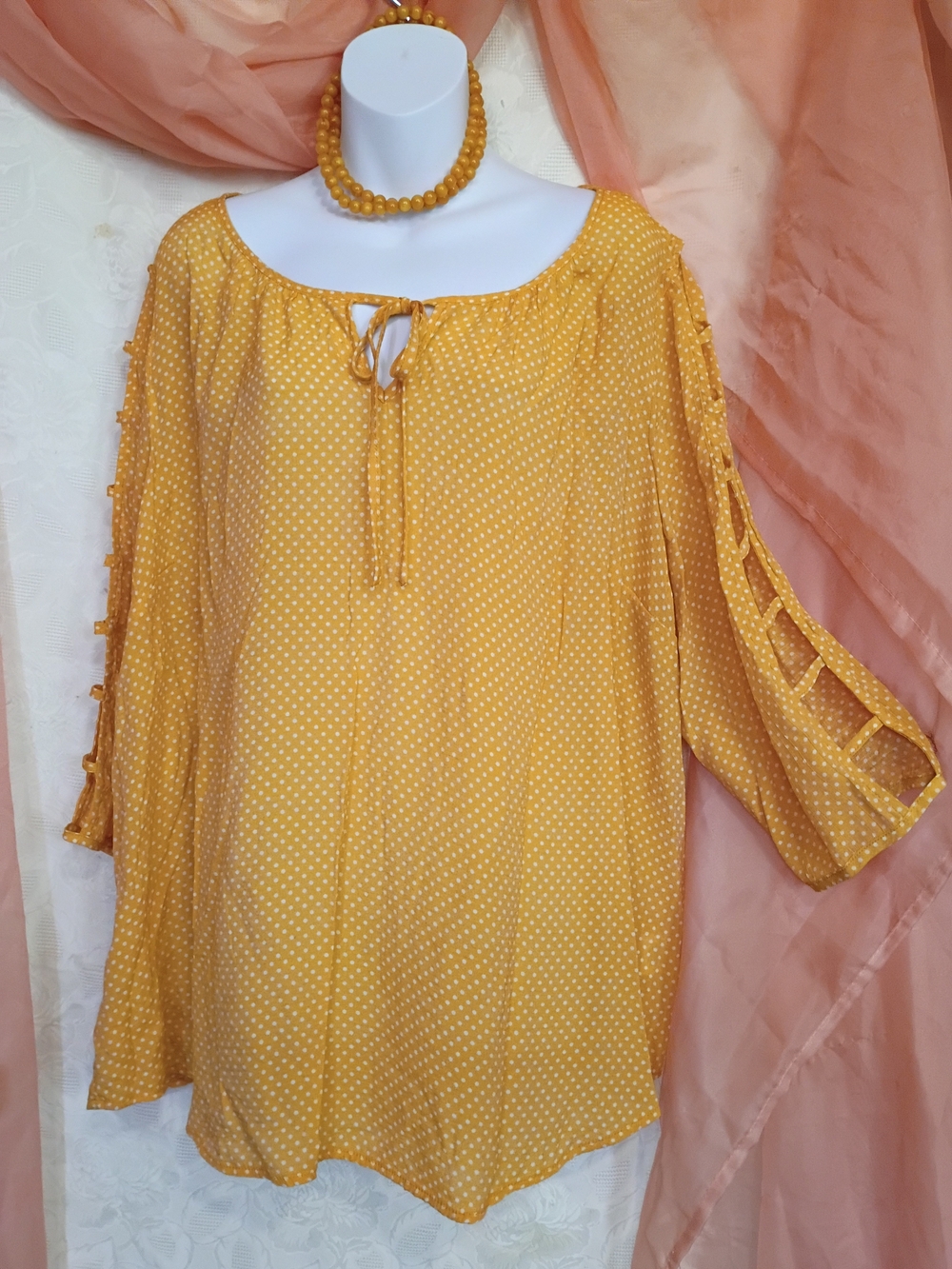Fred David Ladies Mustard Yellow Polka Dot Tie-Front Peasant Tunic Sz 2X